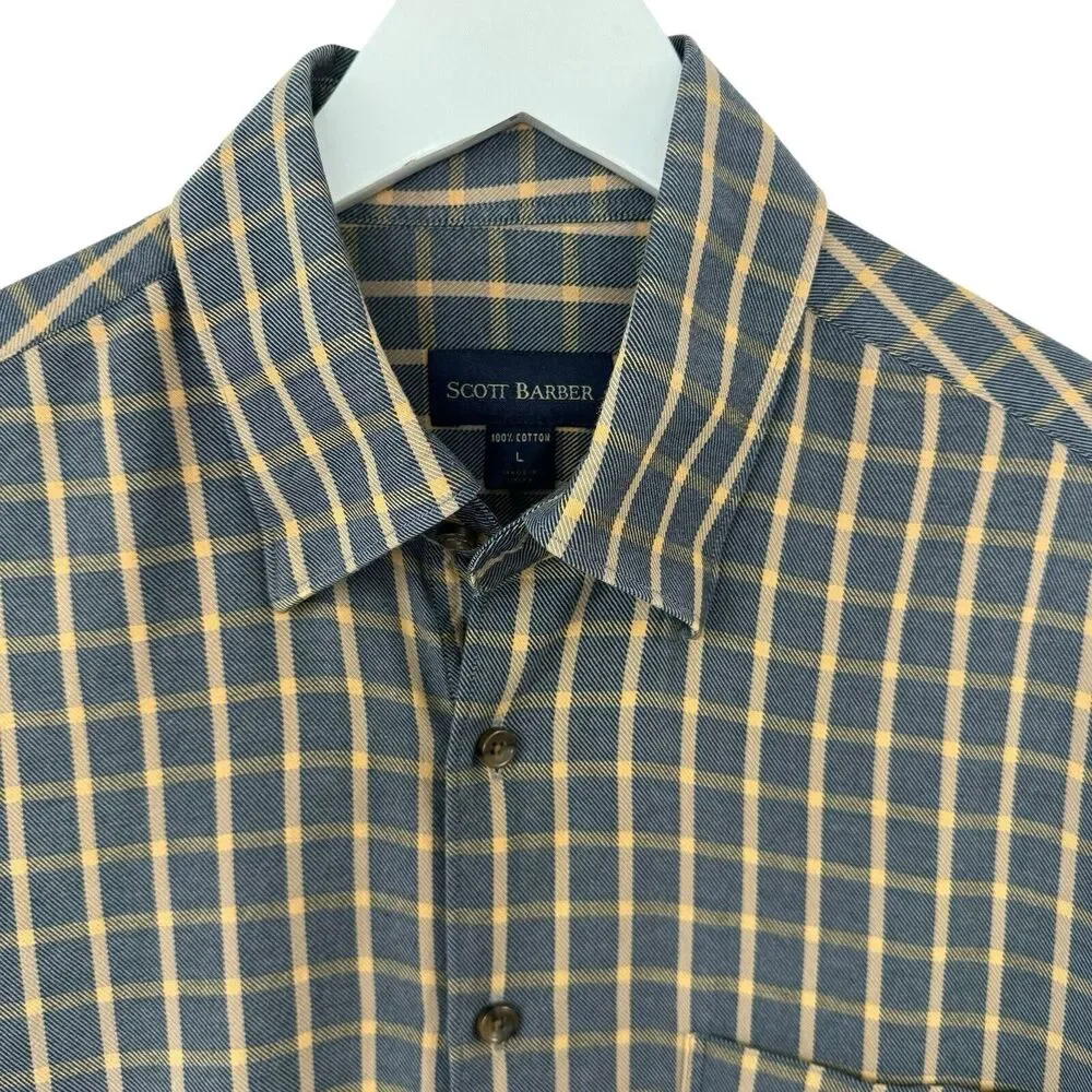 SCOTT BARBER Men's Button Down Shirt Gray Brushed Plaid Long Sleeve Pocket L